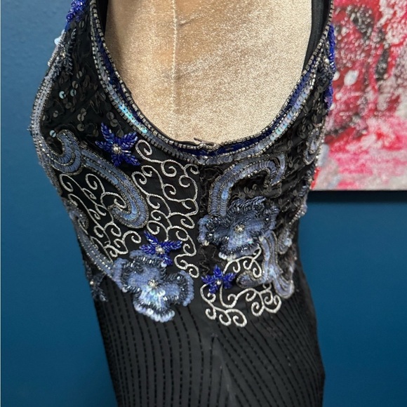 Scala Vintage 90's Beaded Silk Black and Blue Full Length Gown Size M. - Picture 5 of 13